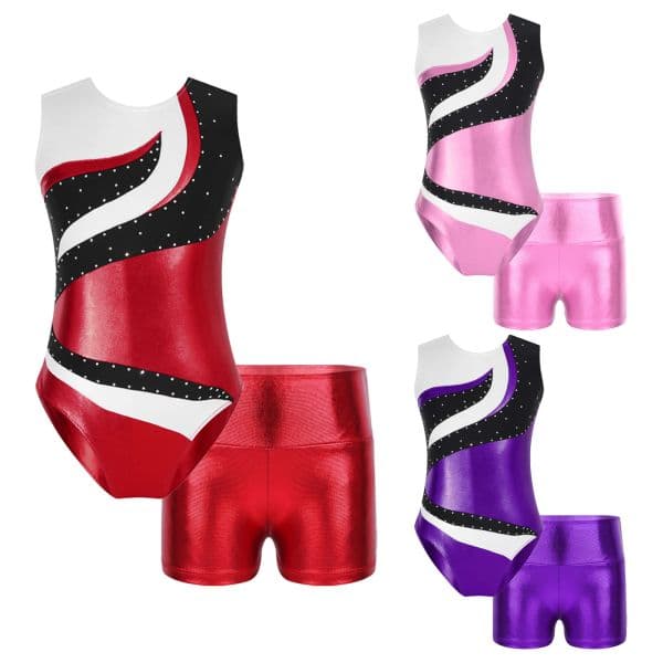 Kids Girls Ballet Dance Sets Sleeveless Gymnastics Bodysuit with Shorts Skating Leotard Stage Performance Dancewear Sportswear