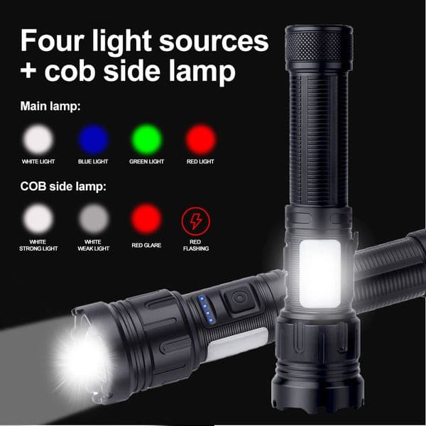 Multi-color Flashlight Green Red White Blue Light LED Torch Fast Charging Work Lamp with Side Light for Outdoor Hunting Camping