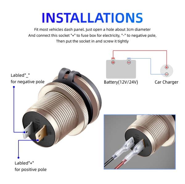 Quick Charge 3.0 Dual USB Car Charger Fast Adapter Socket Aluminium Power Outlet with LED Voltmeter for 12V 24V Boat Marine