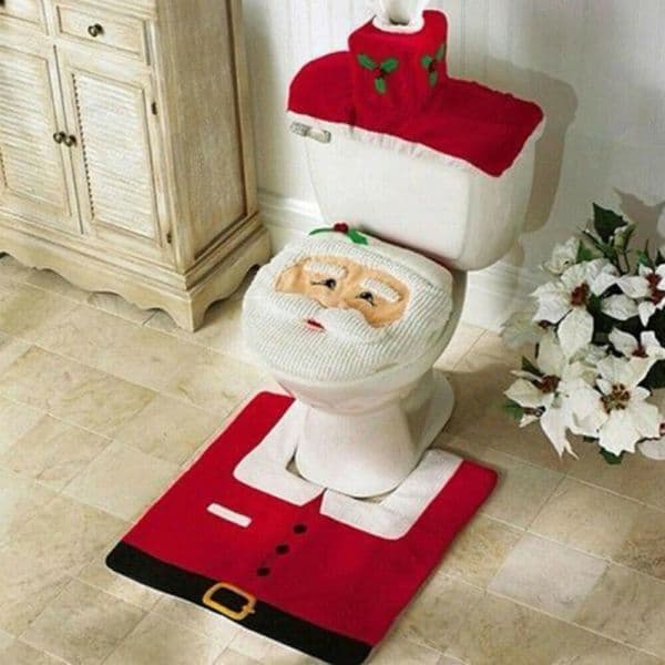 Christmas Bathroom Bath Mat Set Anti Slip Toilet Rugs Adjustable Lid Tissue Cover Personalized Printing Santa Shower Carpets Set