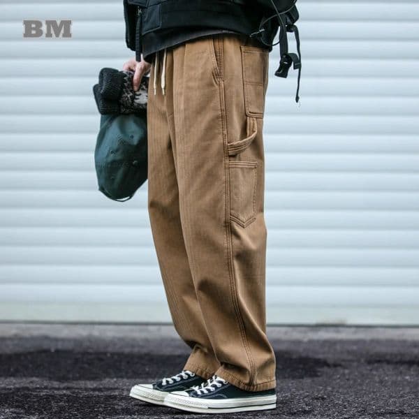 Winter Herringbone Twill High Quality Fleece Cargo Pants For Men Clothing Japanese Harajuku Khaki Casual Trousers Streetwear