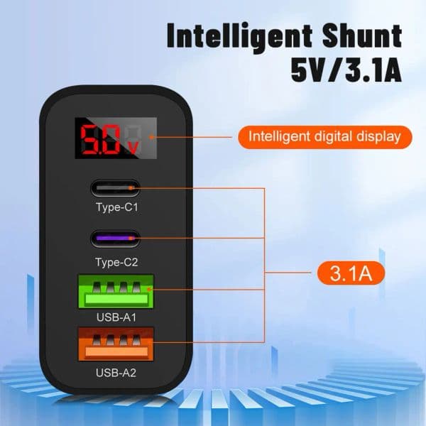 45W Fast Charger 2 USB 4 Ports Multi Plug Wall Charger 2 Type-C Fast Charging Head Digital Display for iPhone 14 Xiaomi Samsung