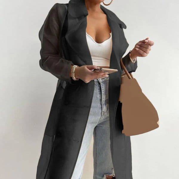 Women new Shirt Coat Spring Summer See Through Outdoor Tops Elegant Net Yarn Turn 2025 Down Collar Long Trench 2022 New for Daily Wear