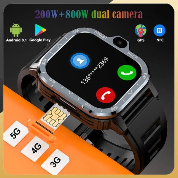 4G Net GPS Smart Watch 2.03-inch 200+800W Dual Camera Wifi SIM NFC Rugged 64G ROM Storage Google Play IP67 Android Smartwatch