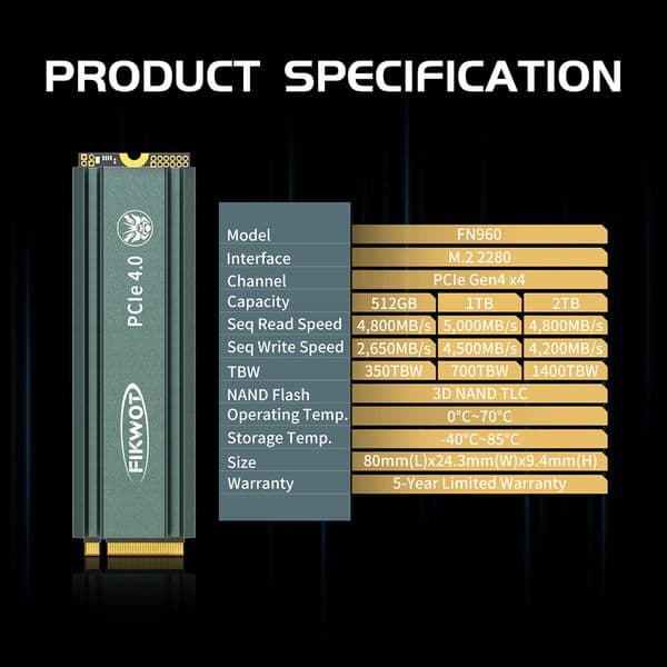 Fikwot 5000MB/s M.2 SSD 512GB 1TB 2TB with Heatsink PCIe4.0x4 NVMe Hard Disk Internal Solid State Drive for PS5 Desktop PC FN960