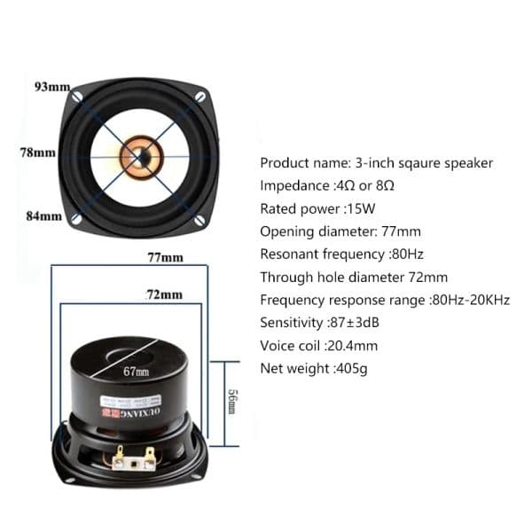 1Pcs 3 Inch Audio Portable Speakers 4 Ohm 8 Ohm 15W Full Range Hifi Sqaure/Round Subwoofer Altavoz Portatil DIY Home Theater