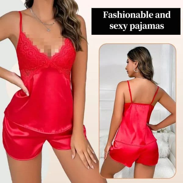 Sexy Deep V Cami Top & Elastic Waistband Shorts Women's Open Back Lace Sleepwear Loungewear Contrast Lace Pajama Set