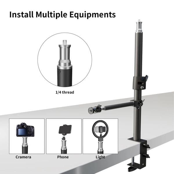 Desk Mount C-Stand With Flexible Auxiliary Holding Arm Overhead Camera Webcam Table C-Clamp Ring Light Bracket