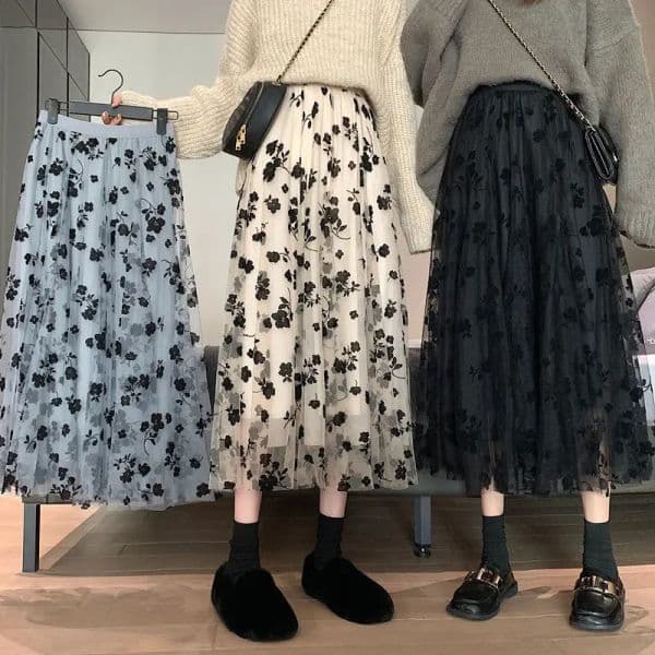 Long Tulle Skirt Women Vintage Butterfly Embroidery Elastic High Waist A-Line Mesh Pleated Skirt Female Midi Skirt Faldas Jupe 7d5ce