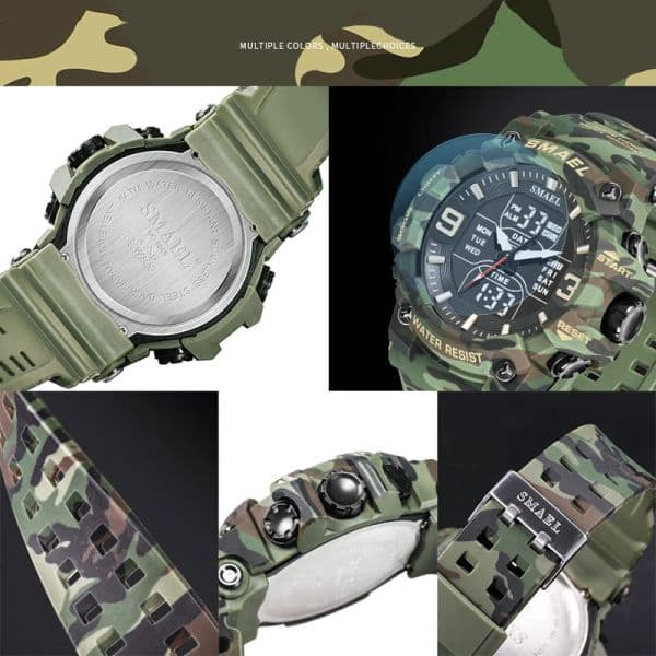 SMAEL Outdoor Military Men Watch Camouflage PU Waterproof Quartz Analog Wristwatches Dual Time Casual Sport Style Digital Clock