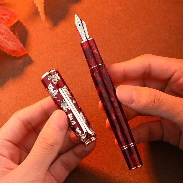 Hongdian N8 Fountain Pen Red Acrylic Resin Maple Leaf Carving Cap EF/F Nib Trim Smooth Office Writing Gifts Pens With Converter