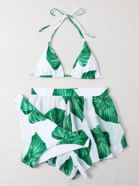 2024 Leaf Print Triangle Bikini & Shorts Swimsuit Women High Waist Swimwear Female Padded Bathing Suit Swimming Beachwear Summer