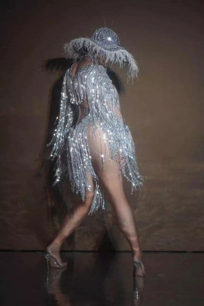 Sparkly Sequin Fringes Bodysuit Hat Performance Costume Women One-piece Dance Wear Singer Stage Leotard Rave Festival Clothing