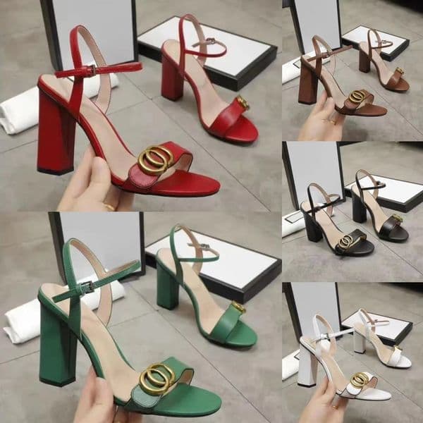 Designer Sandals Women Sandal High Heel Sandals Leather Party Fashion Metal Double Buckle Summer Sexy Peep-toe Chunky Heel Dress Shoes High Heels 10cm with Box
