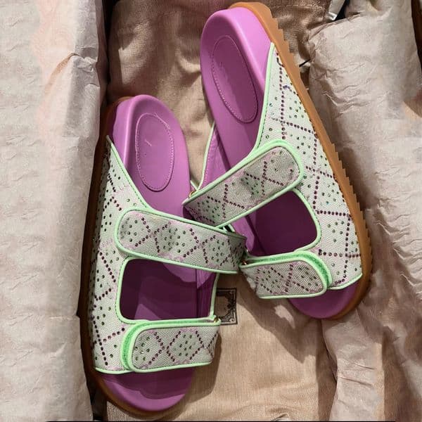 Designer sandals Summer Beach women men sandale Flat Sandal With Double Straps Purple Green Crystal Canvas platform slippers ladies Slides