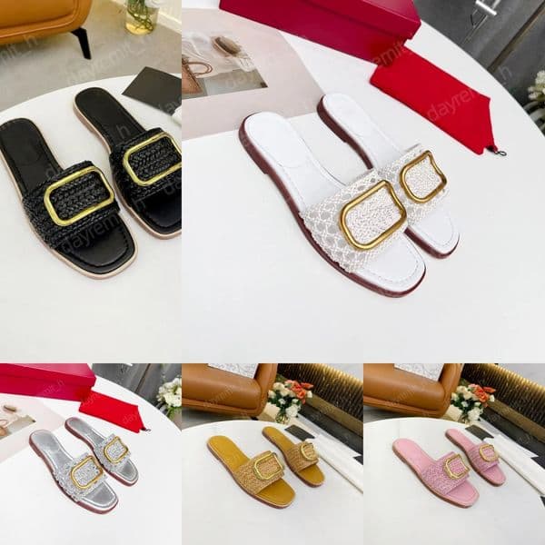 Designer Slippers Straw Sandals Classic Women Slides Summer Beach Flats Solid Luxury Mules Fashion Flip Flops