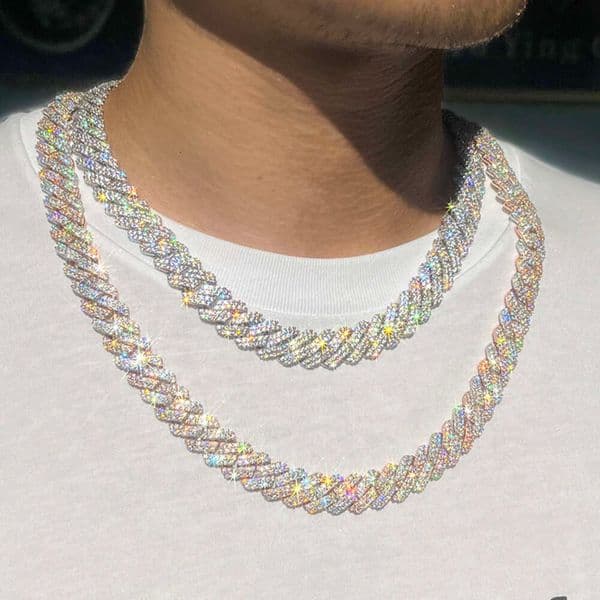 pass tester fashion luxury gra moissanite diamond 10mm-12mm wide 2rows solid sier cuban link chain for rapper hip hop necklace bracelet gift accessories
