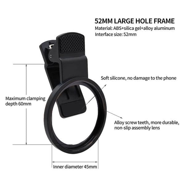 52mm Mobile Phone Camera Lens Clip with Universal Aluminum Alloy Thread for Smartphones UV CPL ND Lens Filter Ring Mount Adapter