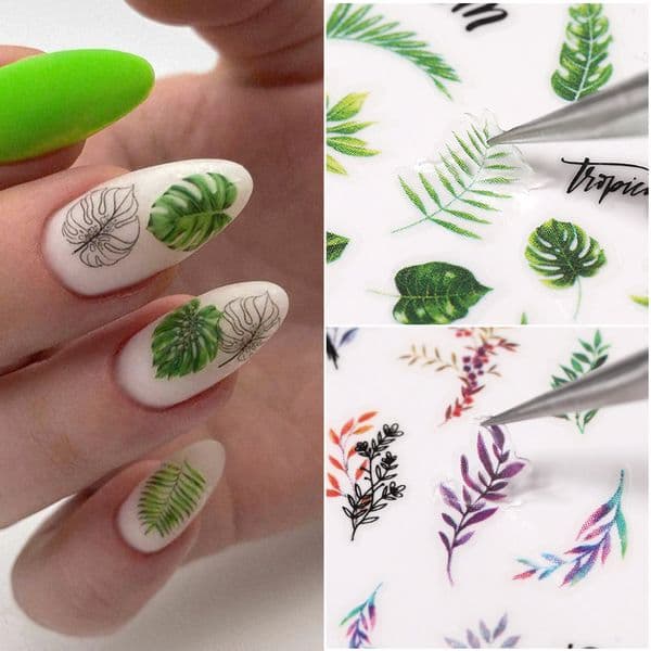3D Nail Stickers Green Palm Leaves Geometric Lines Nail Art Decals Floral Leaf Summer Sliders Manicure Nail Tips Decoration