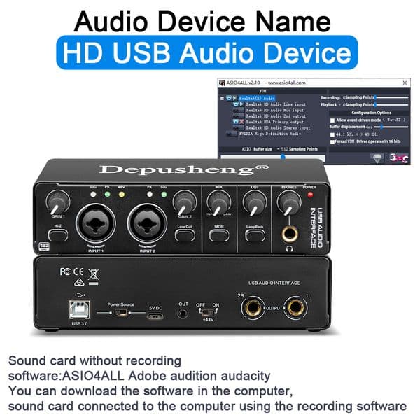 Audio Interface Depusheng MD22 USB 3.0 Sound Card with Monitoring Electric Guitar Live Recording For Studio Singing Micro
