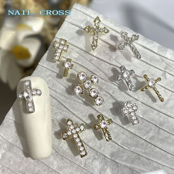 20pcs Glitter Cross Nail Art Design Vintage Alloy Gold Silver 3d Nail Rhinestone Charms Diamond Jewelry for Nails Decoration-ZS