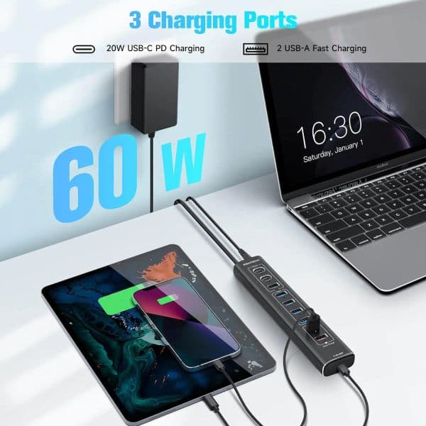RSHTECH USB HUB 10Gbps Type-C PD USB3.2 USB C Hub 60W USB-A 3.2 QC3.0 Charging Ports Aluminum USB Splitter for Laptop/PC