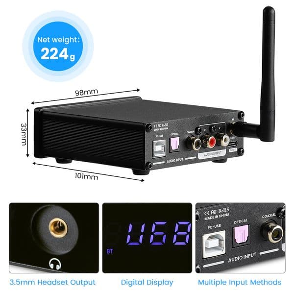 AIYIMA DAC-A1 Headphone Amplifier Decoder ES9018Q2M Bluetooth 5.0 Decoder Coaxial Optical USB DAC APTX-HD Linux Remote Control