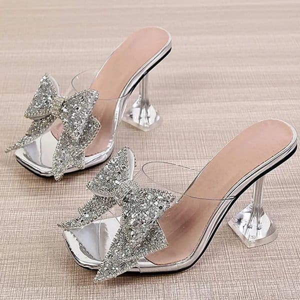 Slippers 2024 Fashion Sier Crystal Bow Knot Shoes Womens Transparent Mule Slide Summer High Heel Sandals 240517