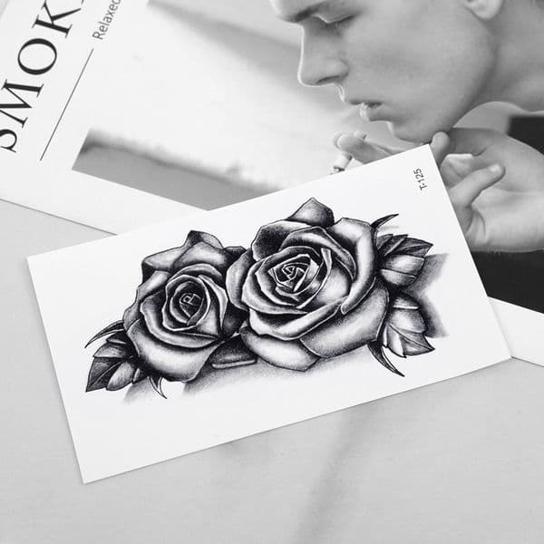 Black Double Rose Temporary Tattoo 9.5x5.5CM Water Transfer Waterproof Temporary Tattoo Arm/Neck/Leg Anti Allergic
