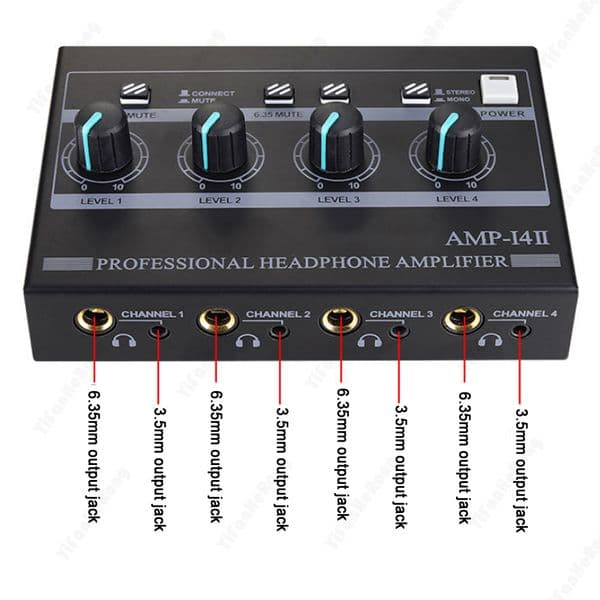 4 Channels Ultra Compact Headphone Amplifier With Power Adapter Stage Aluminum Alloy Studio Audio Stereo Mixer 6.35mm 3.5mm