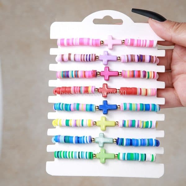 8pcs Bohemia Colored Soft Ceramic Handmade Beaded Elastic Bracelet Fashion Cross Pendant Bracelet Set for Women Girls Jewelry