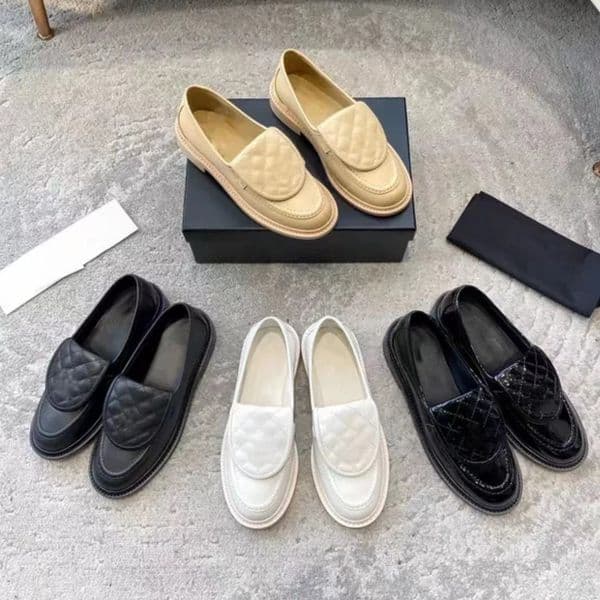 Quilted Loafers Dress 100% Real Leather Women Loafers Moccasin Flat Shoes Lambskin Quilted With Gold Hardware Luxury Platform Size 35-42