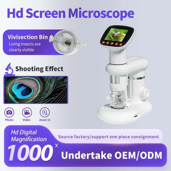 500/1000X Digital Microscope 2.0 Inch IPS Screen Pocket Microscope with 8 LED Light Microscope Camera Teaching Research Tool