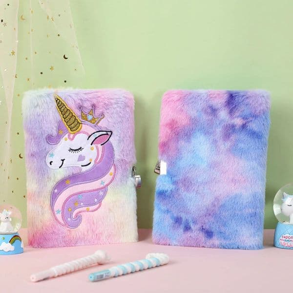 Travel Notebook School Office Supplies Journal Lock Diary Girls Fuzzy Plush Secret Key