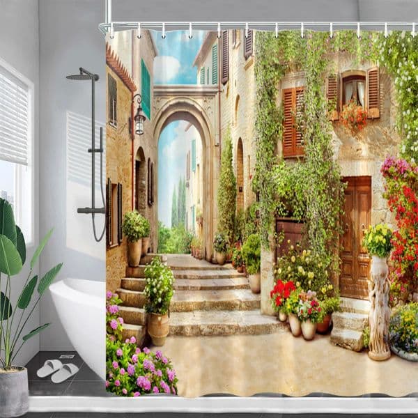Italian Landscape Shower Curtain Vintage European Town Street Flowers Scenery Garden Wall Hanging Home Bathroom Decor with Hooks