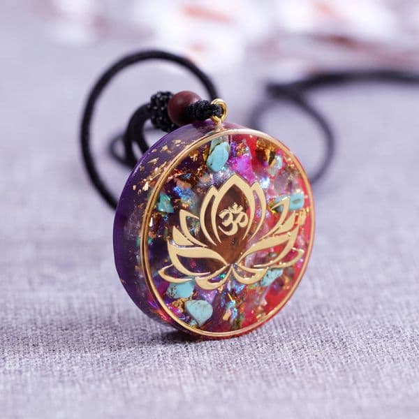Lotus Orgonite Pendant Orgone Generator Tiger'S Eye Turquoise Chakra Energy Necklace With Rope For Women (Pendant 1.4")
