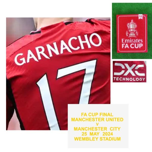 2024 FA CUP FINAL Garnacho Jersey Maillot Mainoo Maguire Varane Jersey Matchworn Player issue with Full Sponsor Tuta da calcio traje de futbol Costume de football