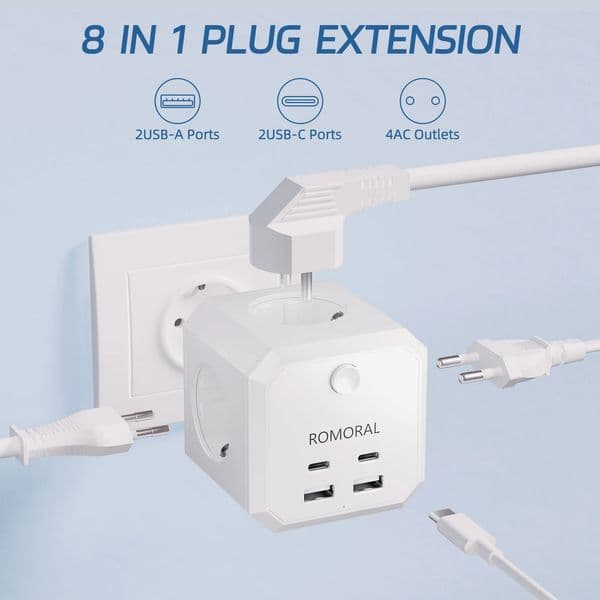 Extensor de enchufe de pared europeo con 4 salidas new de CA, 2 puertos USB, 2 tipos C, 8 en 1, cargador de enchufe europeo, interruptor 2025 de encendido/apagado para