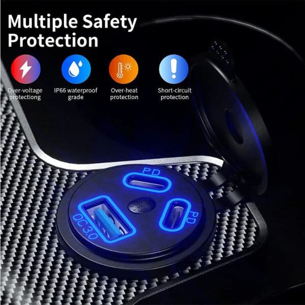 12V/24V USB Outlet 108W 3 Ports Car Charger Dual 45W PD Type C & 18W QC 3.0 USB Charger for Motorcycle Outlet Charge Adapter