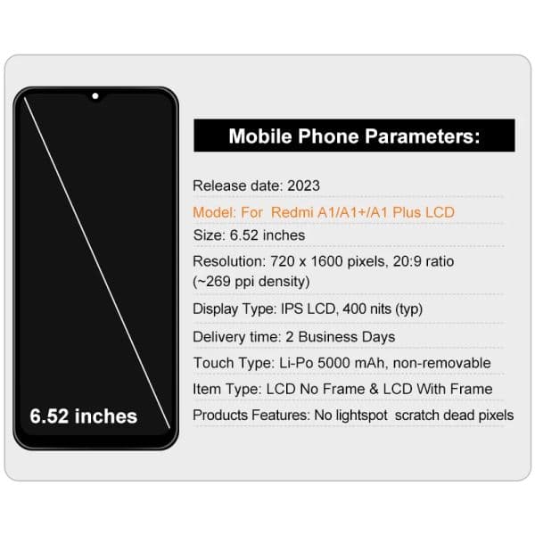 6.52" For Xiaomi Redmi A1 LCD Display Touch Screen 220733SI 220733SG Digitizer Assembly For Redmi A1 Plus A1+ 220733SFG LCD Part