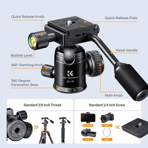 K&F Concept 26mm Metal Tripod Ball Head with Handle 360 Degree Rotating Panoramic with 1/4 inch Quick Release Plate for Monopod