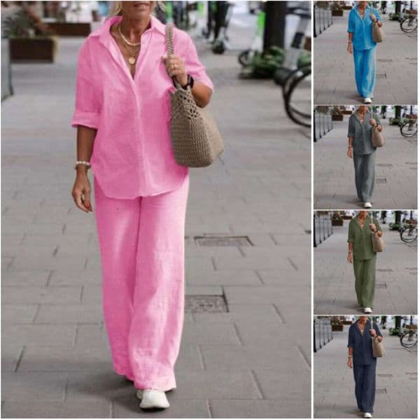 Plus Size Women's Two Piece Linen Cotton Set Lapel Long Sleeved Shirt Spring And Autumn Casual Solid Color Blouses Pants Wide Leg Outfits 4xl 5xl