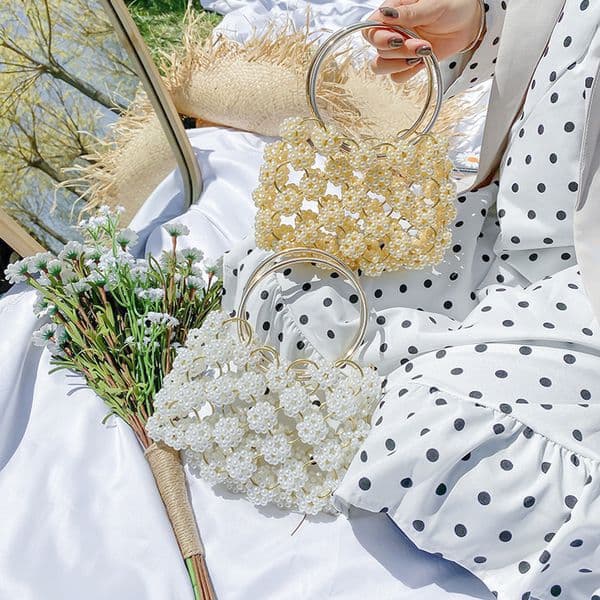 French Elegant Pearl Bag Women Handmade Woven Bag Hollow Out Beading Evening Bag Female Mini Beaded Clutch