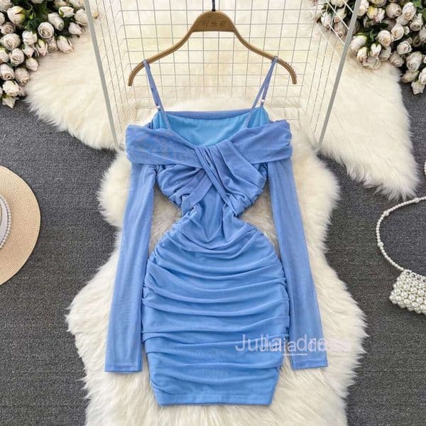 Sexy Off Shoulder Bra Suspended Dress with Celebrity Style Waist Fold Small Short Wrapped Hip Mesh Dress for Women