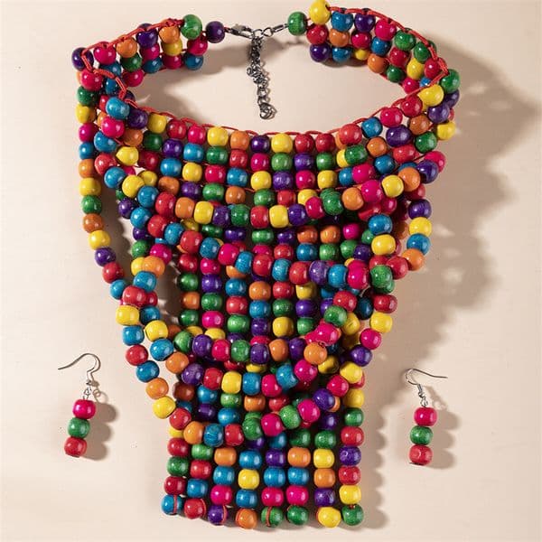 1 Pcs Ethnic Colorful Wooden Bead Necklace Earring Set Exaggerated Bohemian Tassel Party Women Jewelry Set