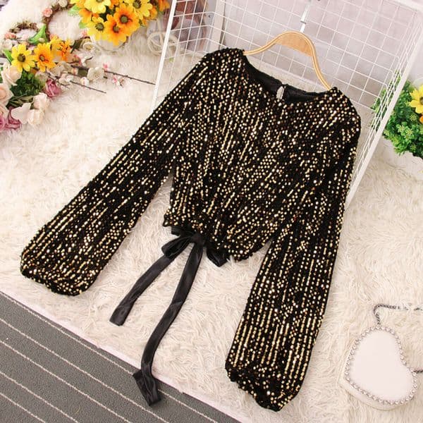 Celebrity temperament top womens autumn design sense Small crowds heart trick hollow-out open back strap waist short sequin top women
