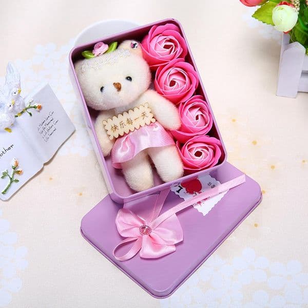 1 Set Soap Flower Romantic 4 Roses Soap Flower 1 Small Bear With Mental Gift Box Anniversary Accessories Valentine's Day Gifts
