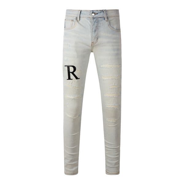fashion Mens designer jeans Long pants Skinny Blue spell leather Destroy the quilt Ripped Straight Elastic force hole jean Men