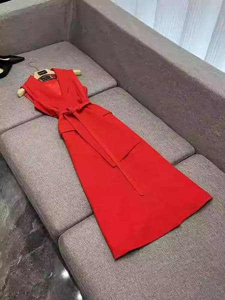 2025 Spring Red Solid Color Belted Blazer Dress Sleeveless V-Neck Panelled Midi Casual Dresses H4D048877 Check Size Chart Please