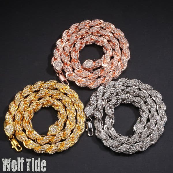9mm 3 Colors Hip Hop Full Diamond Gold Twist Chain Necklace New In Personalized Mens Cuban Necklaces Rose Gold Silver Color Neck Chains Miami Rapper Jewelry Collar
